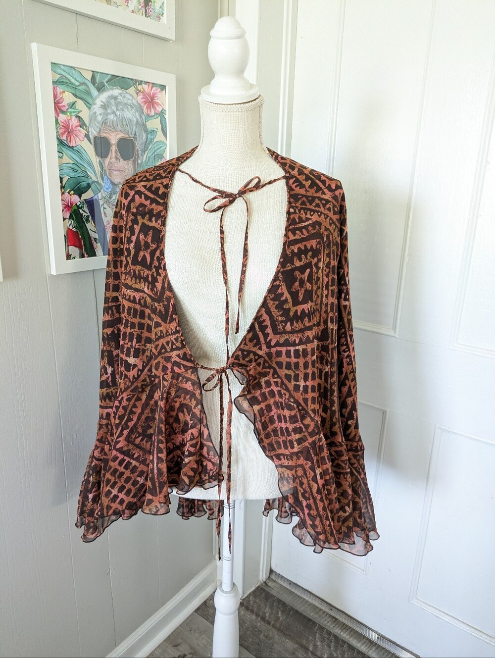 Peruvian Connection Silk Wrap Poncho  Brown And Black Flowy Chiffon Size 4 Shawl